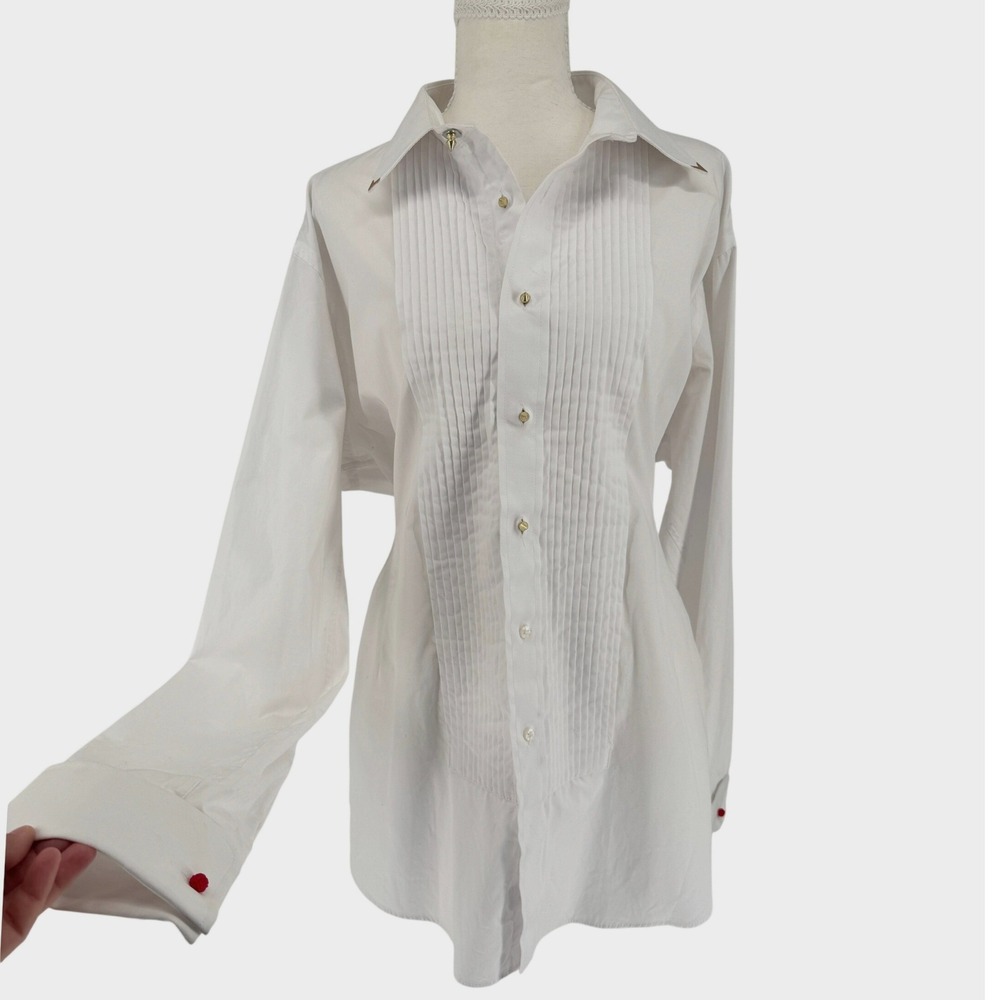 Upcycled Neil Allyn White Pleated Tuxedo Shirt Corset Back Womens XL Victorian - Picture 2 of 13